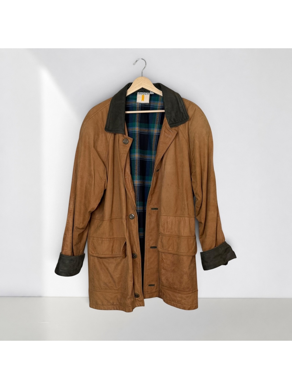 Vintage Brown Leather Chore Jacket Plaid lined Barn coat